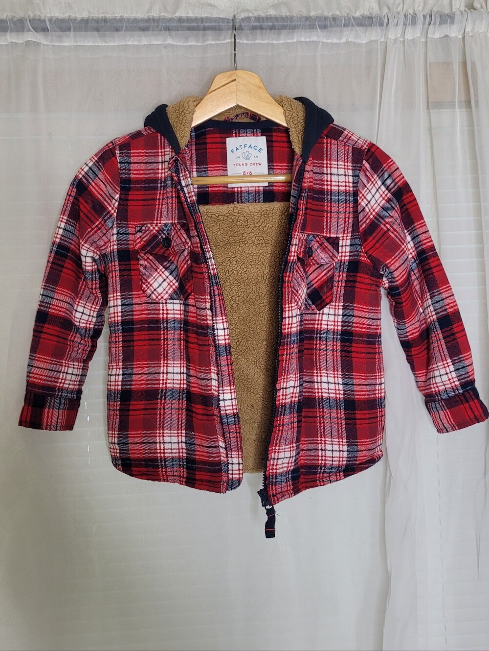 FATFACE Kids' Check Zip Through Hooded Shacket Size 5/6 Red